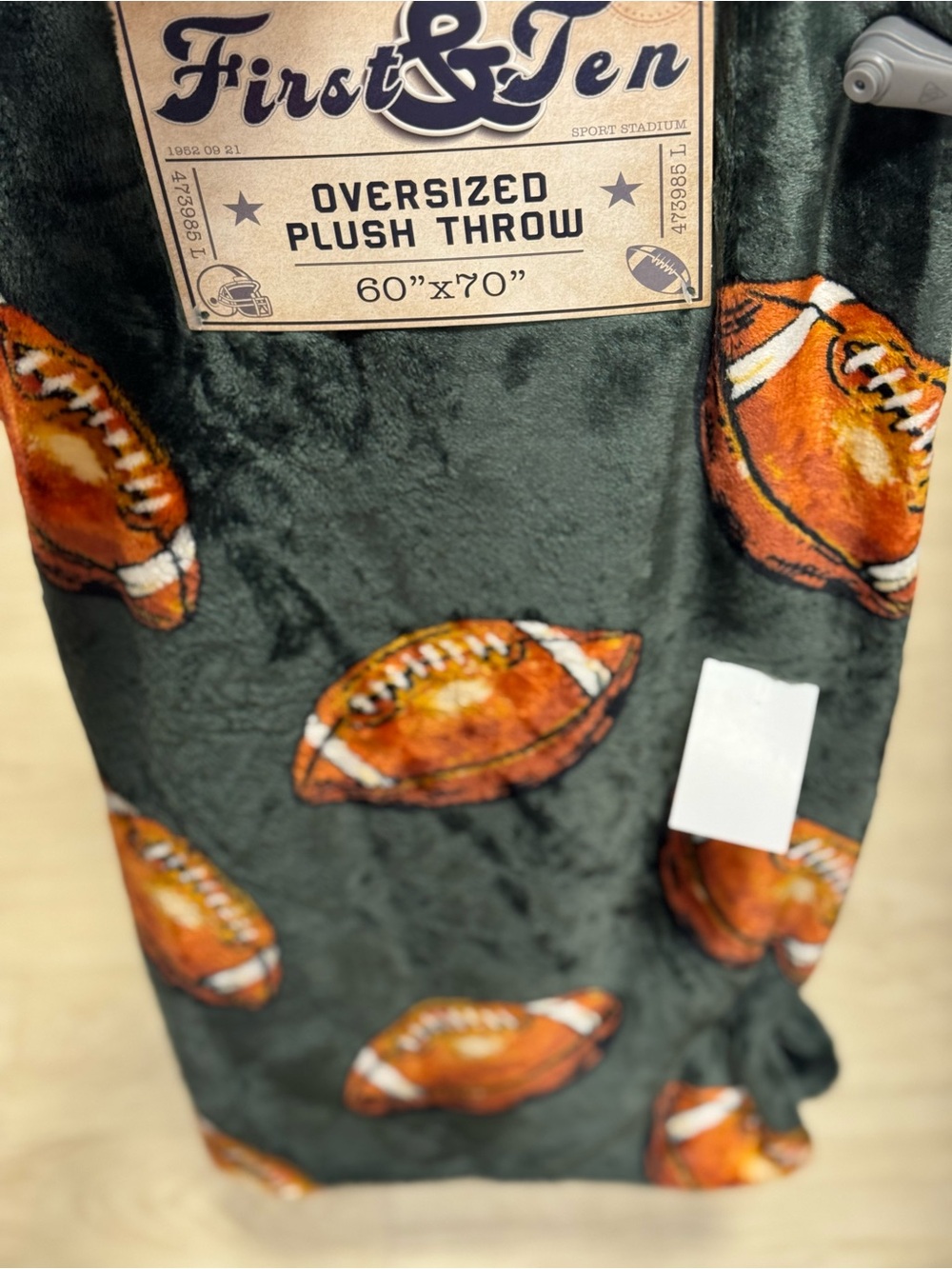 Oversized Plush Throw Blanket in Dark Green with Football Print